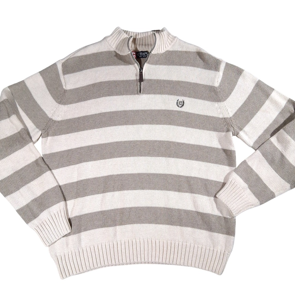 Chaps Mens XL Striped Quarter Zip Sweater Khaki Cream 100% Cotton Mock Neck Knit